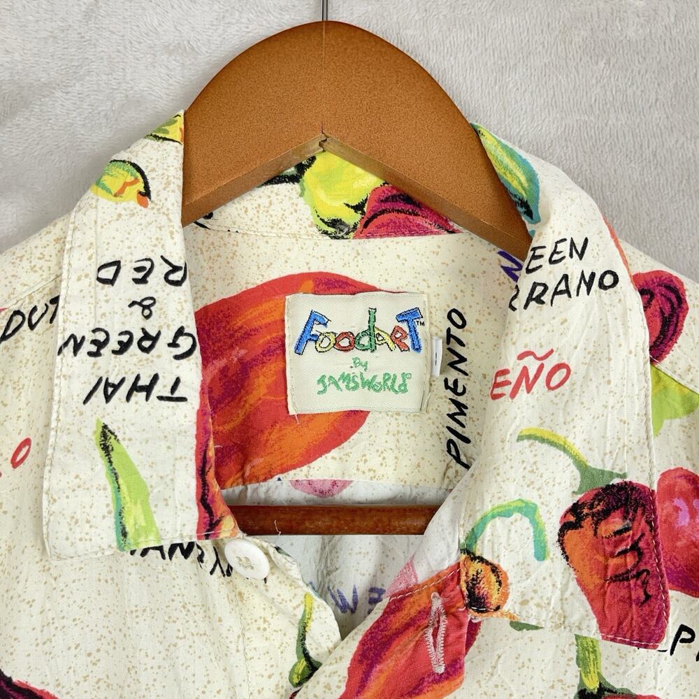 Food Art By Jams World Chili Pepper Print World Rayon Shirt Large Rare Vintage - Picture 2 of 12